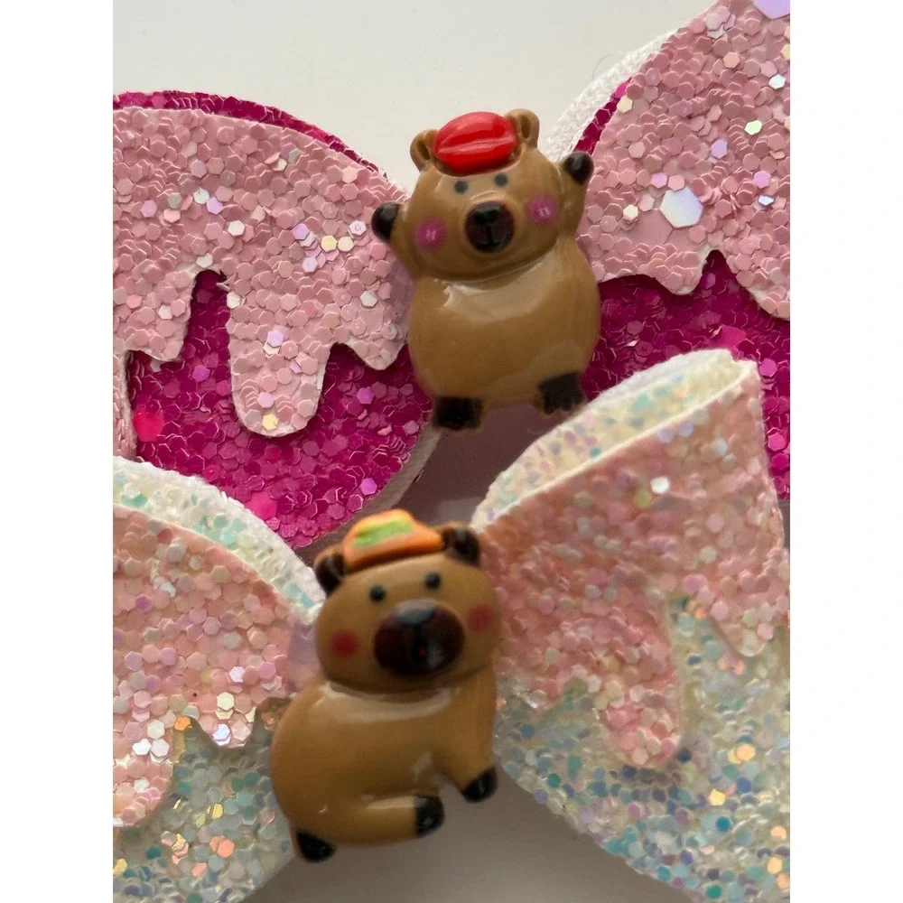 Klass Capybara Resin Glitter Hair Bows Set Pink Iridescent Alligator Clips 2pc
